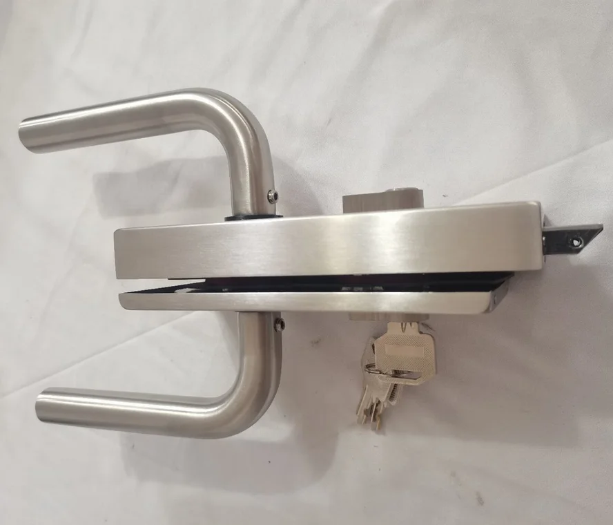 Square satin nickel office  center glass door handle set with lock G050 mechanism and movable or active handle