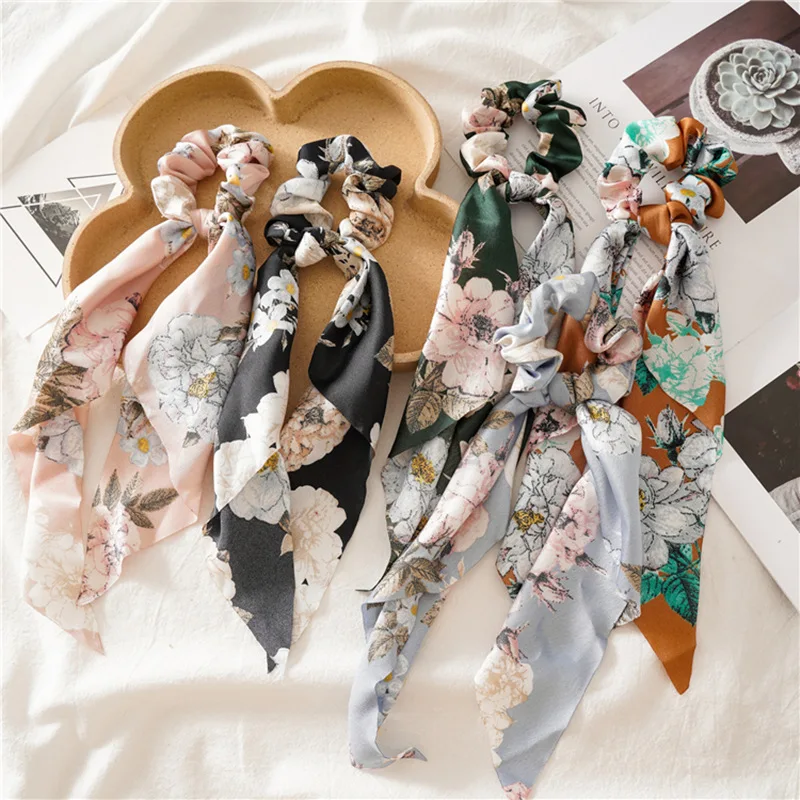 Fashion Flower Printed Long Tail Hairscarf Hair Band Women Ladies Large Floral Satin Silk Ponytail Holder Scrunchies Accessories