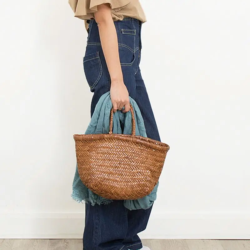 EMG6237 Soft Hand Basket Raffia Shoulder Genuine Braided Leather Bags Designer Woven Women Handmade Black Cowhide Weave Tote Bag