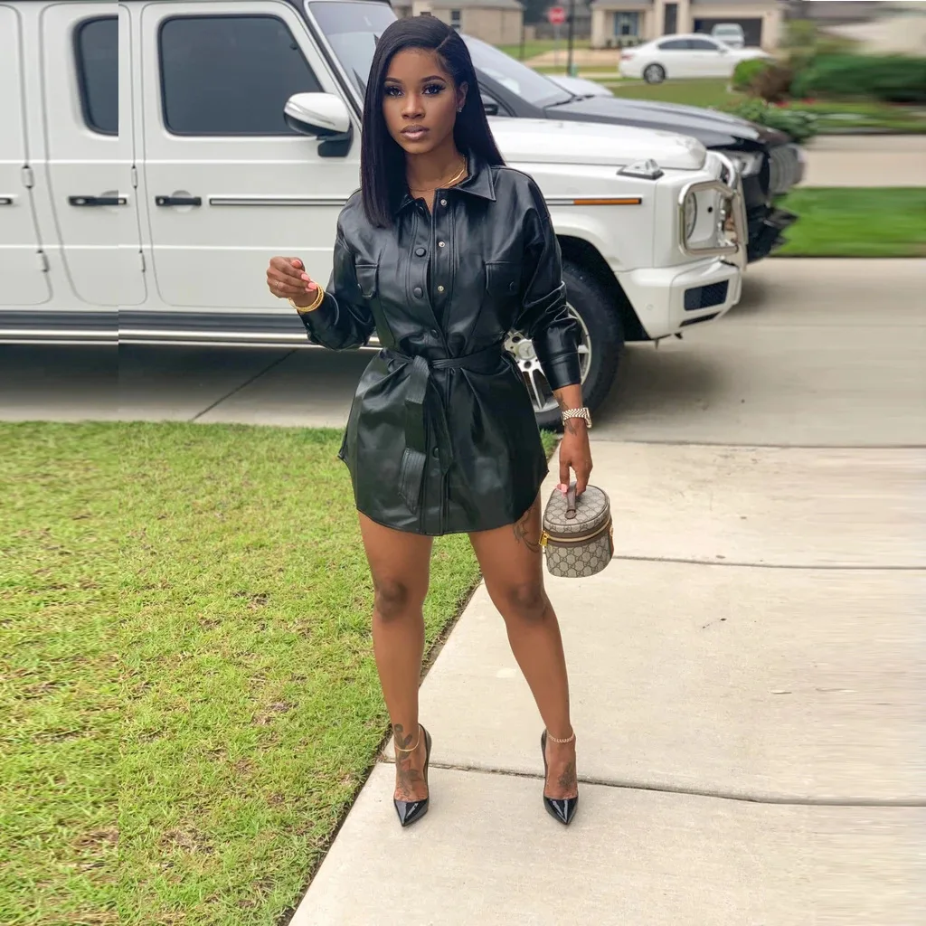 
High Quality Faux Leather Dress Solid Color Leather Trench Coat With Belt Single-Breasted Full Sleeve Fashion Pu Leather Dresses 