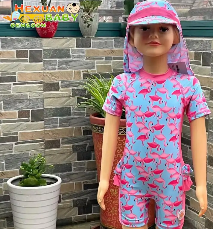 Toddler Swim Clothes short Sleeve  Girls Swimsuit twoPieces Zipper Ruffle Edge Swimwear Beachwear Custom