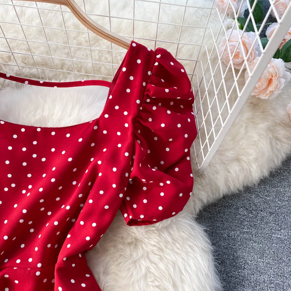 Custom square collar wave dot dress short sleeve 2023 new summer French closed waist large hemline maxi skirt