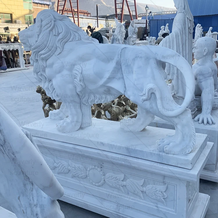 European Style Modern Outdoor Landscape Decoration Stone Lion Statue High End Custom Carved White Pair Of Marble Lion Sculpture
