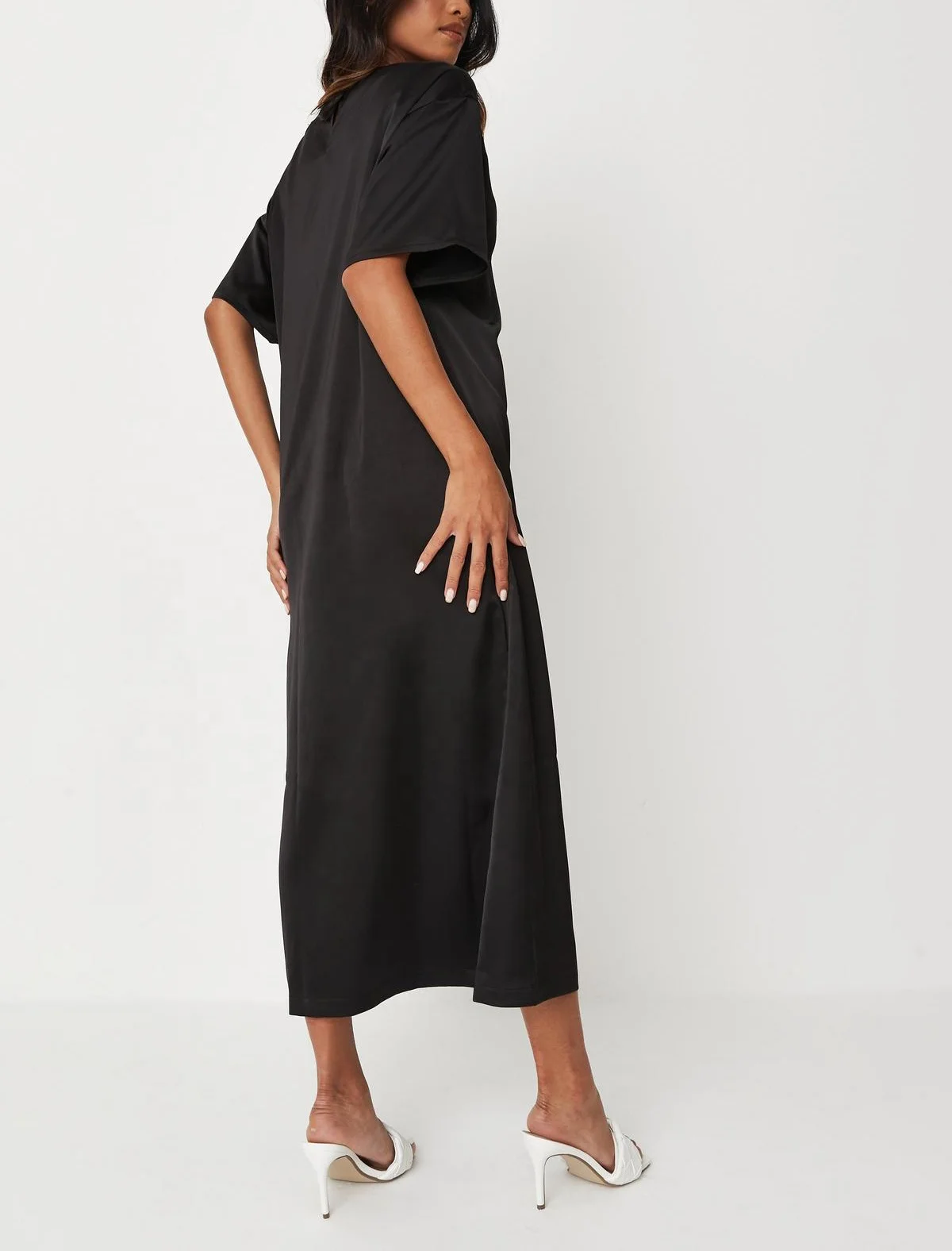 Custom wholesale simple summer short sleeve women black oversized satin mid t shirt dress