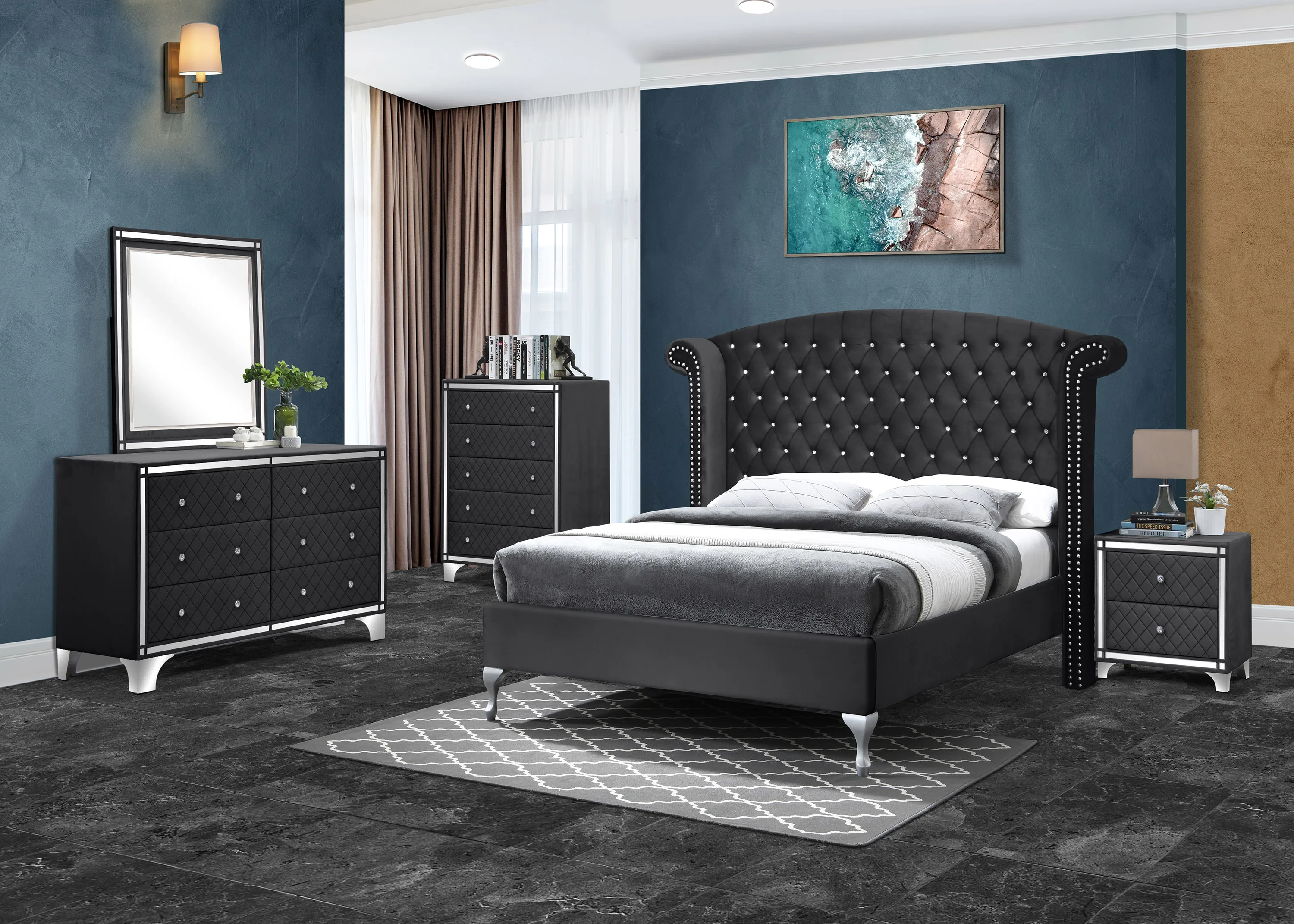 New Cleopatra 5 Pcs Upholstered Bedroom Set Full Velvet Grey Complete With Bed/ Dresser/ Chest Of Drawer/ Night Stand And Mirror