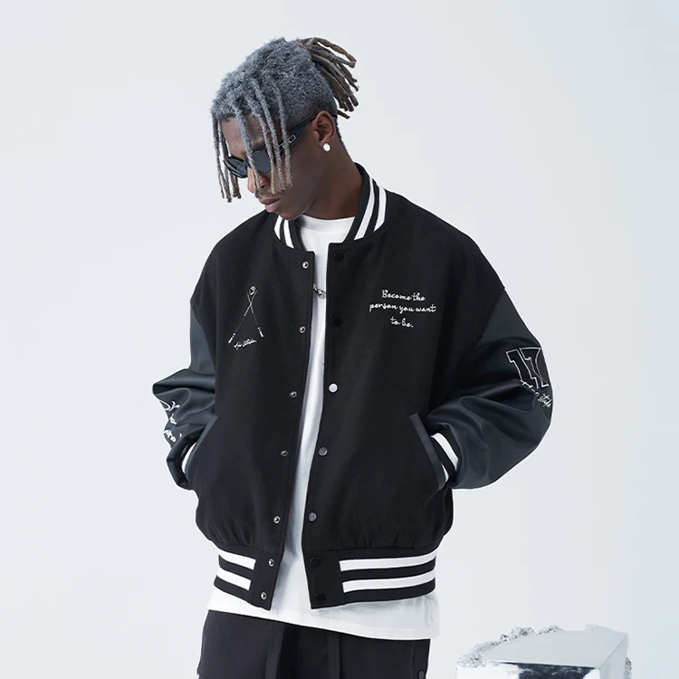 Streetwear men wholesale outdoor custom chenille embroidery leather sleeve baseball letterman varsity jacket for men