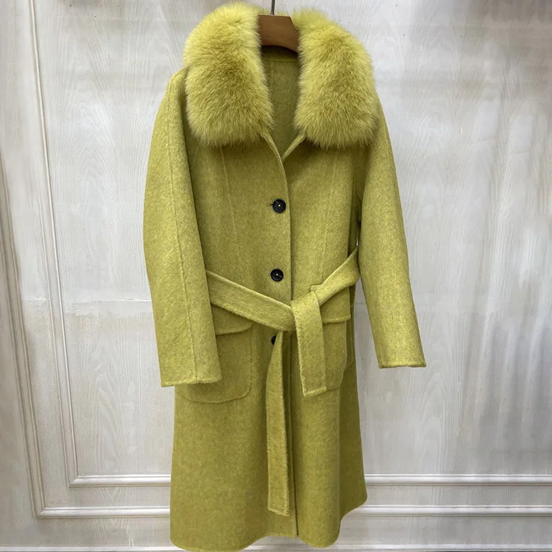 High Quality Fur Collar Wool Coat Winter Fashion Women Cashmere Coat With Real Fur