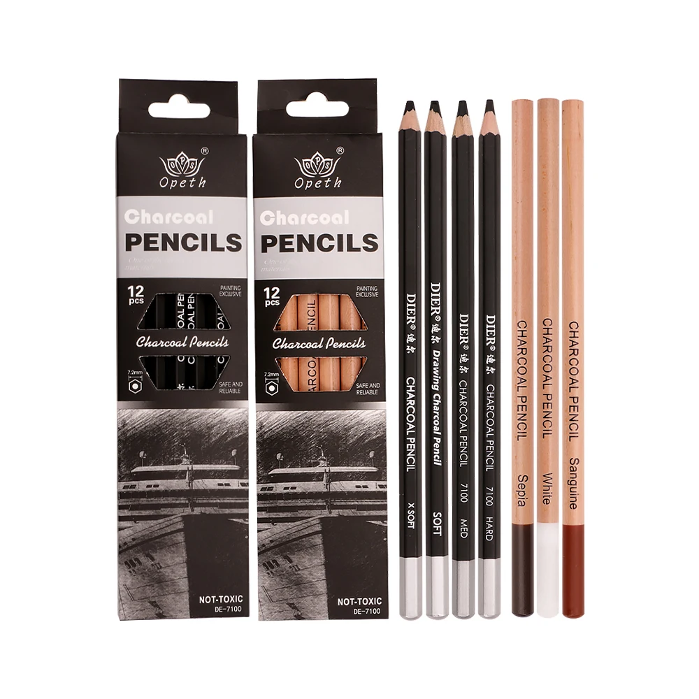 Opeth Charcoal Pencil 12pcs/box Professional XSoft/Soft/Hard/MED Non-toxic Black Sketch Drawing Pencils Set