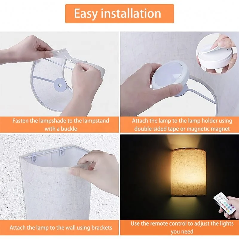 Shingel Howlighting Indoor USB Rechargeable 1000ma Battery Wireless Remote Control Sconce Wall Lamp Fabric Wall Light