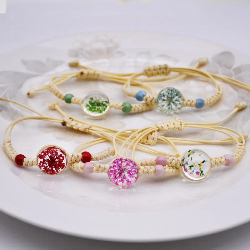 New Arrival Handmade Rope Bracelet Boho Tree Of Life Crystal Ball Bracelets Dried Flowers Bracelet Jewelry for Girl