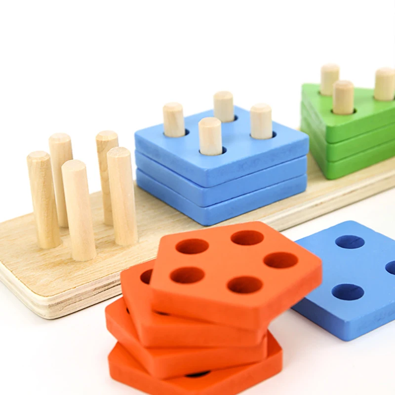 Montessori cognitive blocks matching toys baby early education geometric shape four sets of column building blocks puzzle