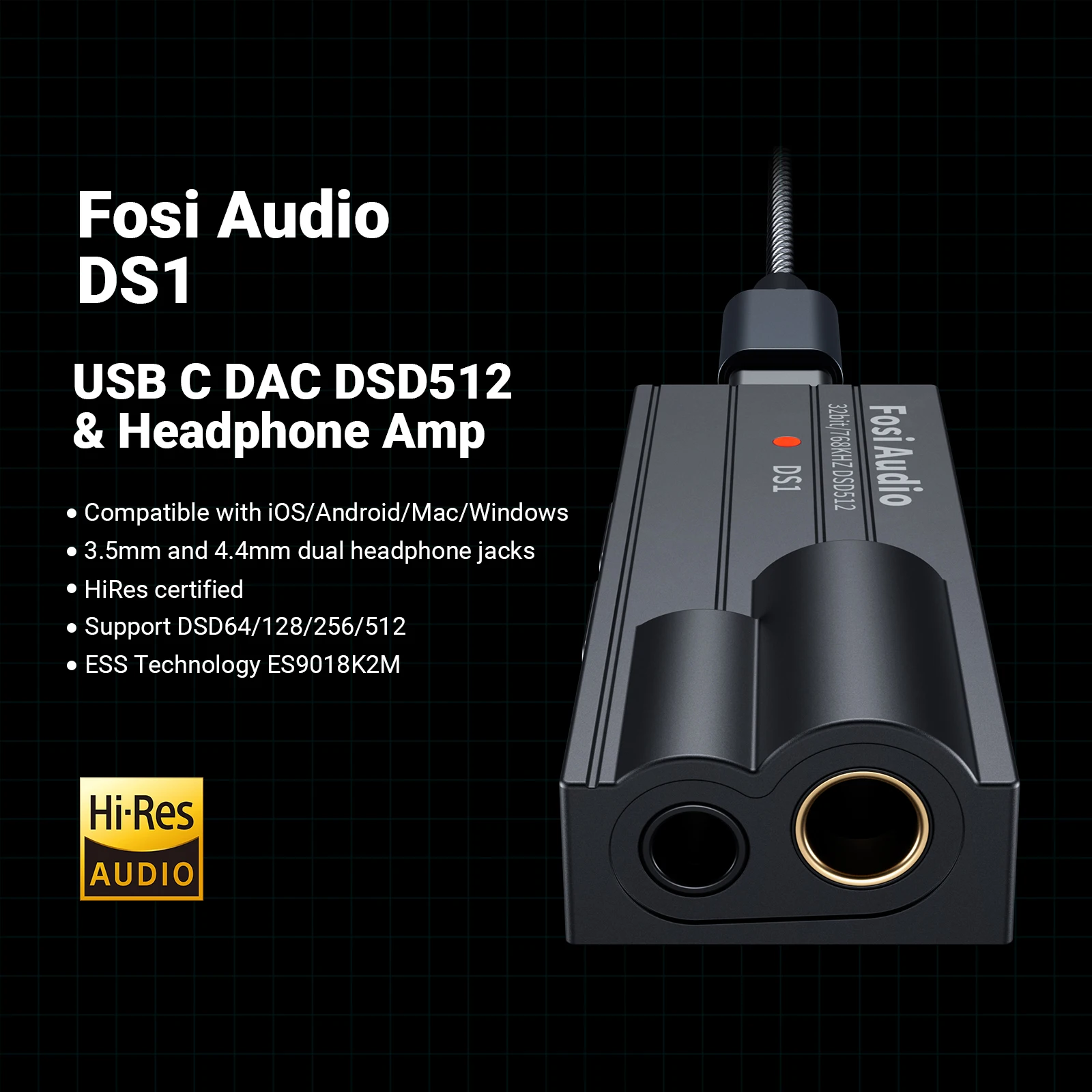 Fosi Audio DS1 DSD512 HiFi DAC Headphone Amplifier Mini Audio USB DAC Amp Support 32bit/768kHz with 3.5MM &amp  Dual Outputs
