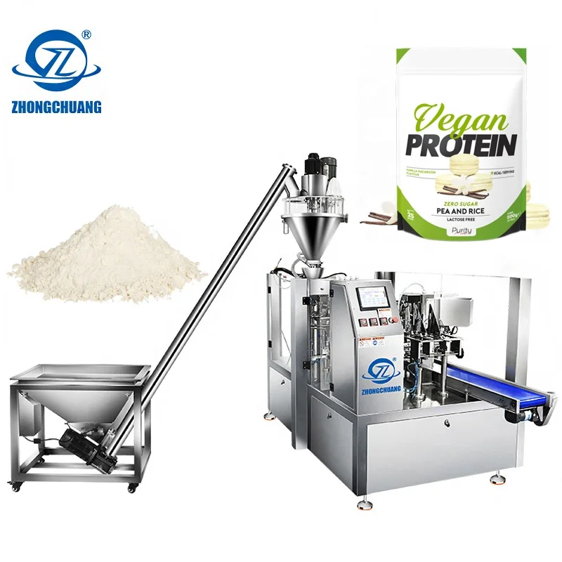 Automatic Rotary Fill Seal Standup Zipper Bag Cacao Leche Proteina En Polvo Protein Powder Premade Pouch Packing Machine