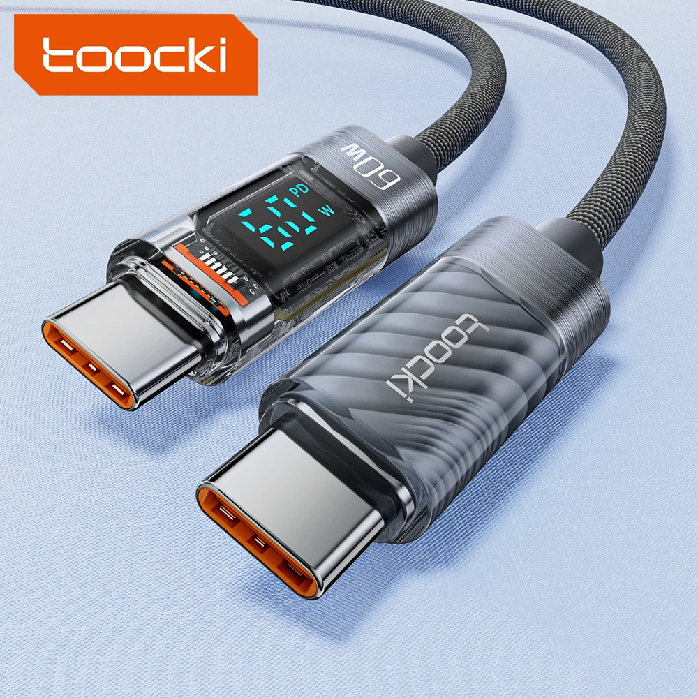 Toocki newest classic model color PC+braided wire PD 60W type c to type c date cable fast charging  with digital display