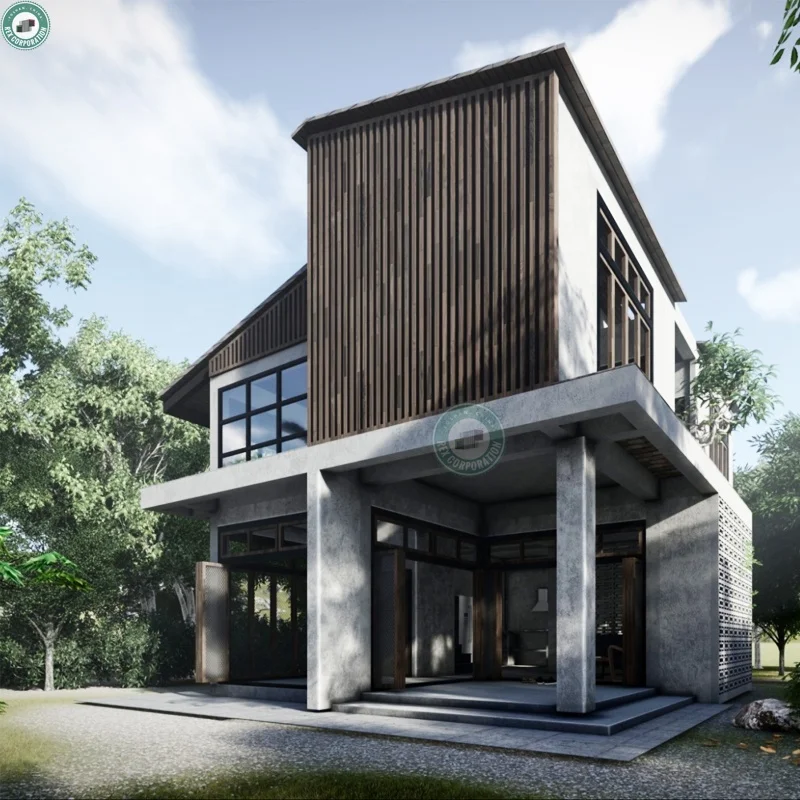 New Prefabricated Industrial Concrete House Decorated with Wood Louvres 2 Storey Modern House in Thailand