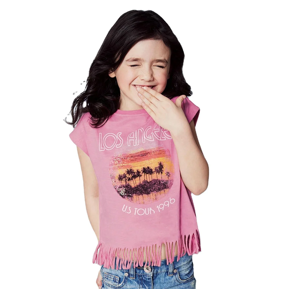 children clothes girls Casual Pink Sweet Tees with tassels bottom Kids T-shirt