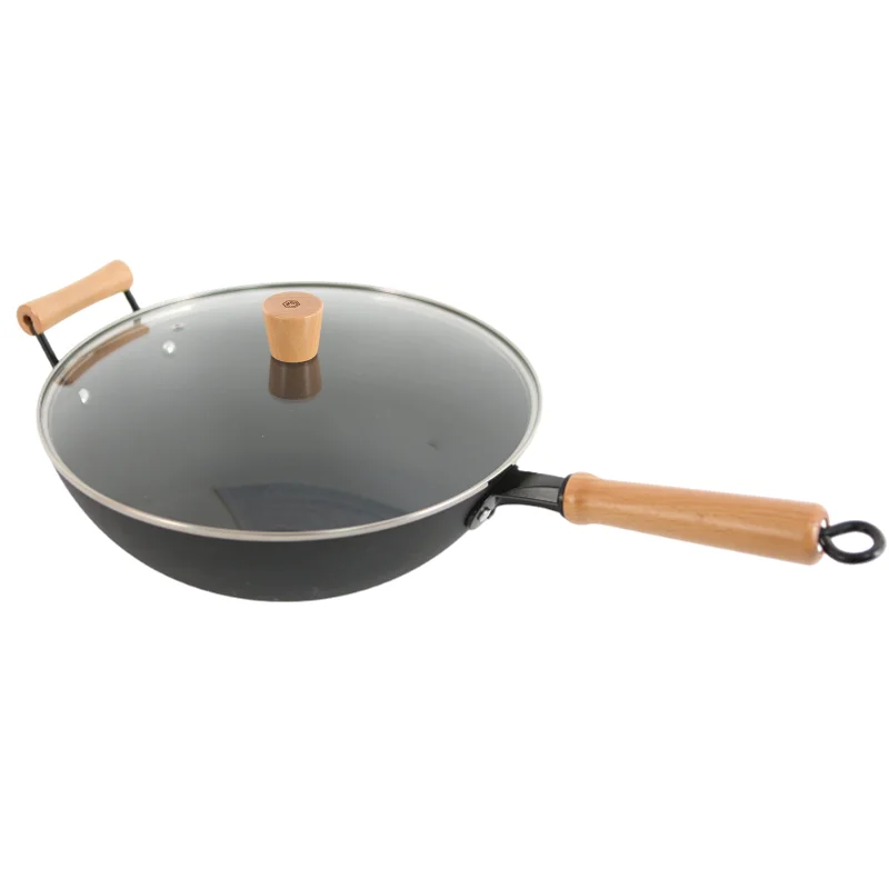 New Arrival Craft Wok Traditional Hand Hammered Non Stick Carbon Steel Iron Frying Wok With Wooden Handle With Glass Lid