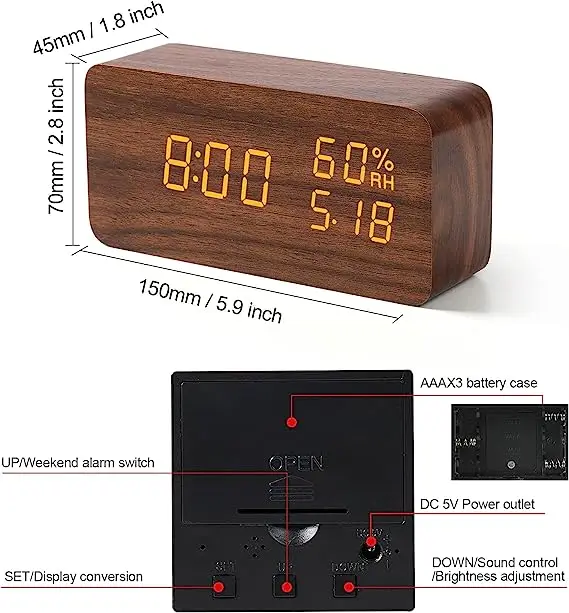 Nightlight Large Office Digital Clock Made Of Wooden With Led Screen Table Clock Portable Lamp