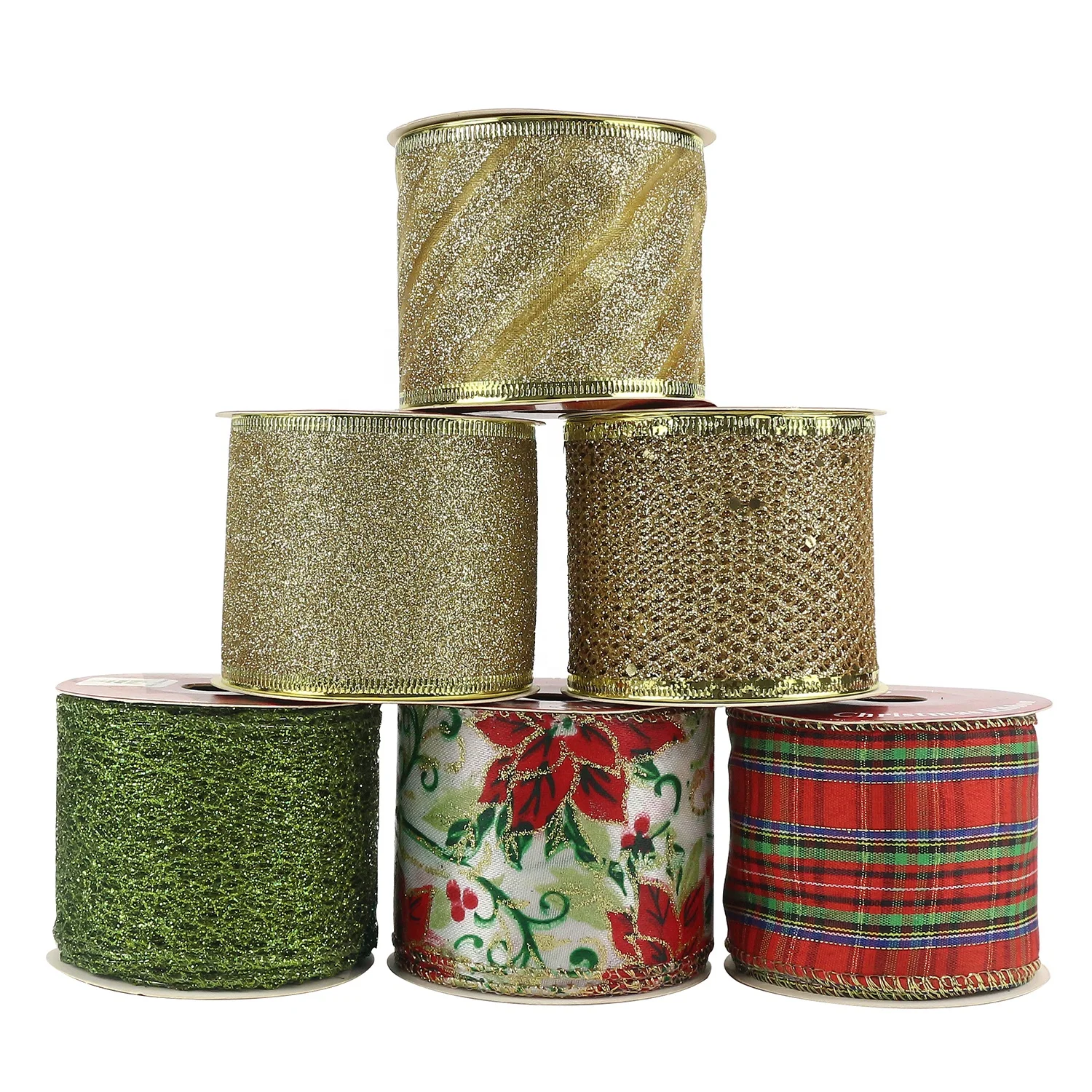 Huihuang Factory OEM Satin Burlap Sheer Assortment Glitter Wire Edge Christmas Ribbon