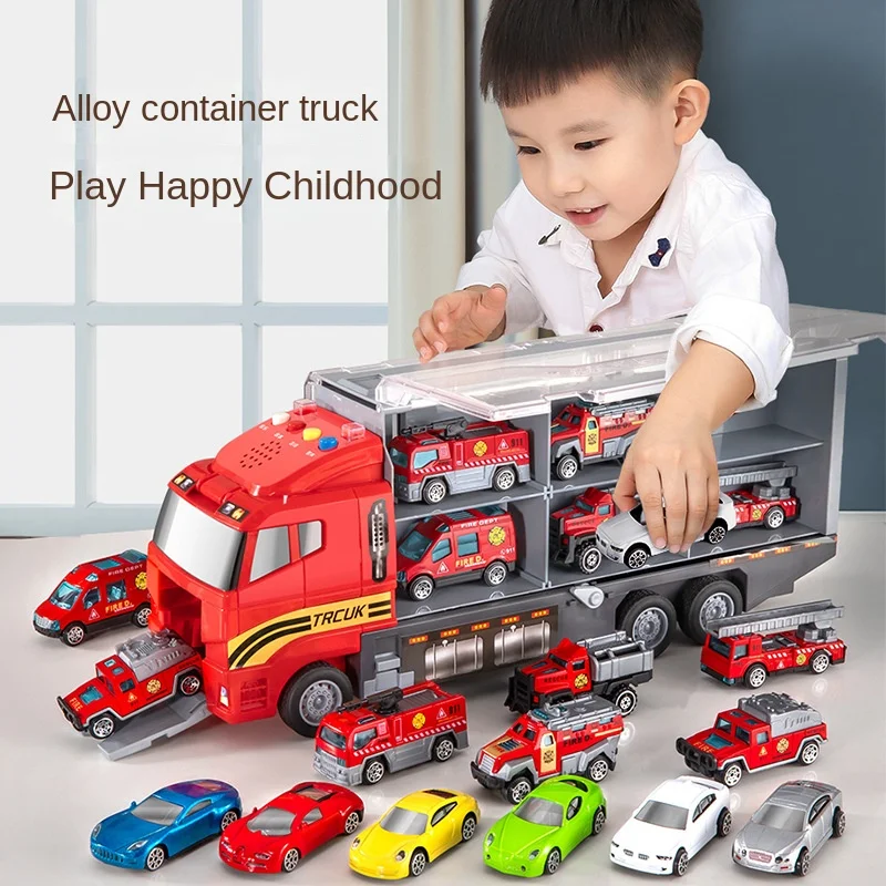 Engineering Construction Truck Simulation Fire Engine Vehicle City Transport Kids Die cast Model Toys Set Alloy Pull Back Cars