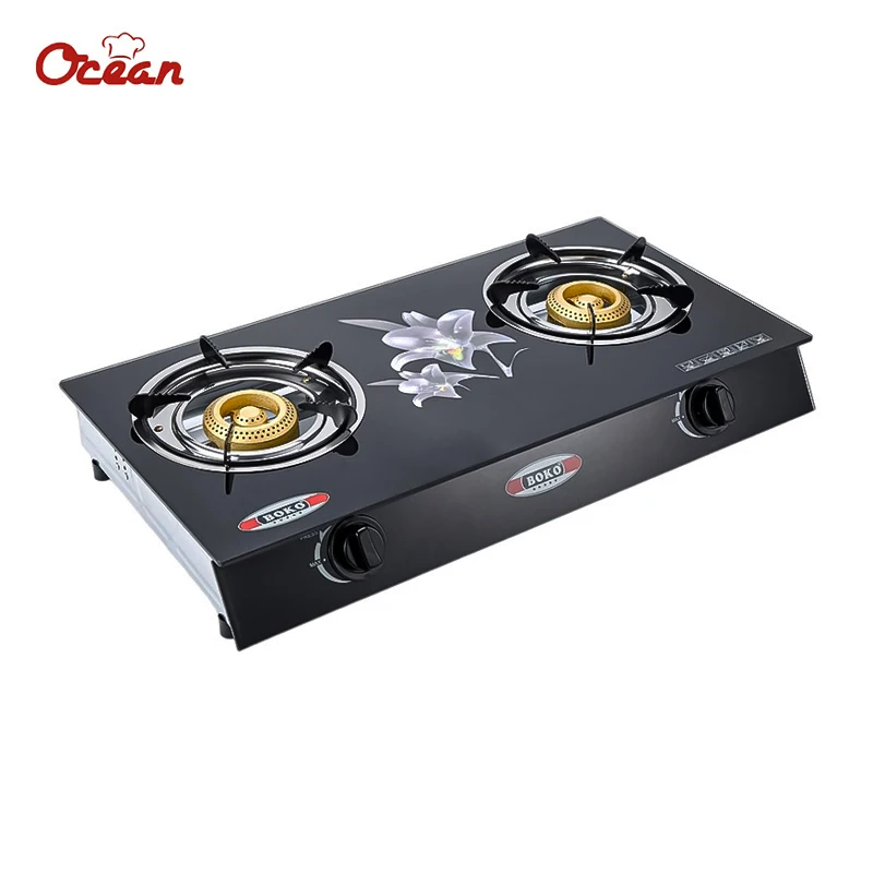 Hot selling tempered glass gas stove double cast iron burners glass top gas cooker