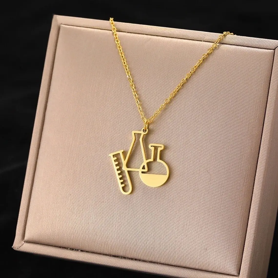 Stock Available Science Biology Gold Plated Necklace Stainless Steel Erlenmeyer Flask Test Tube Beaker Chain Pendant Necklace