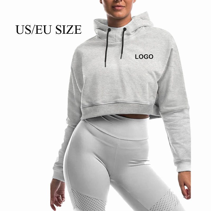 Comfortable Long Sleeve Crop Top Women Fleece Gym Cotton Woman Running Cropped Hoodie