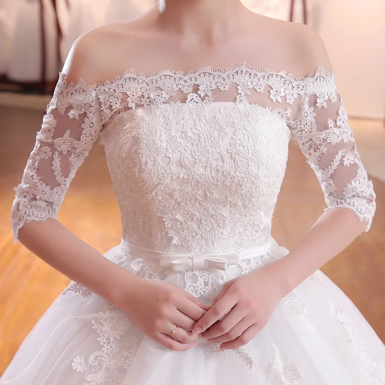 One-shoulder wedding dress large size bride in sleeves princess slim Flat Shoulder Half Sleeve Floor Length Lace Wedding Dress
