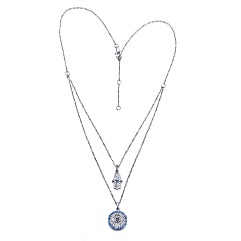 New design turkey jewelry 925 sterling silver necklace lucky turkish jewelry evil cross eye hamsa hand double pendant necklace