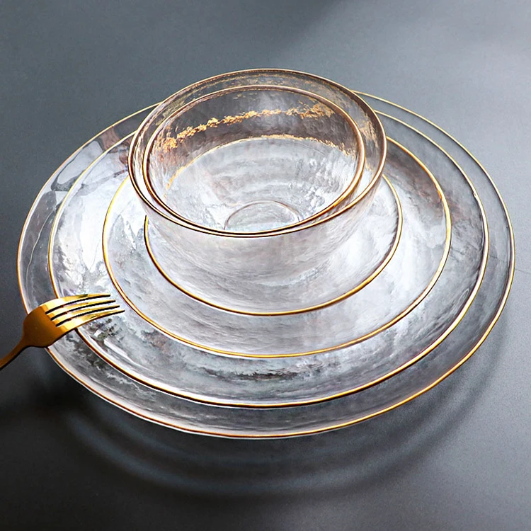 Wholesale Exquisite Transparent Dishes Plates And Bowls Sets Plates Sets Dinnerware With Gold Rim