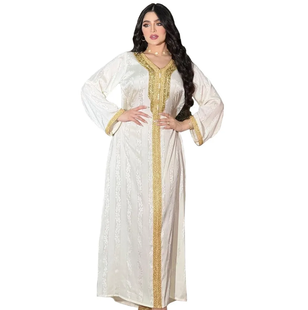 New arrival Arabic women clothes Turkey Dubai lady white 2 pieces set diamond jacquard loose dress abaya Muslim clothing