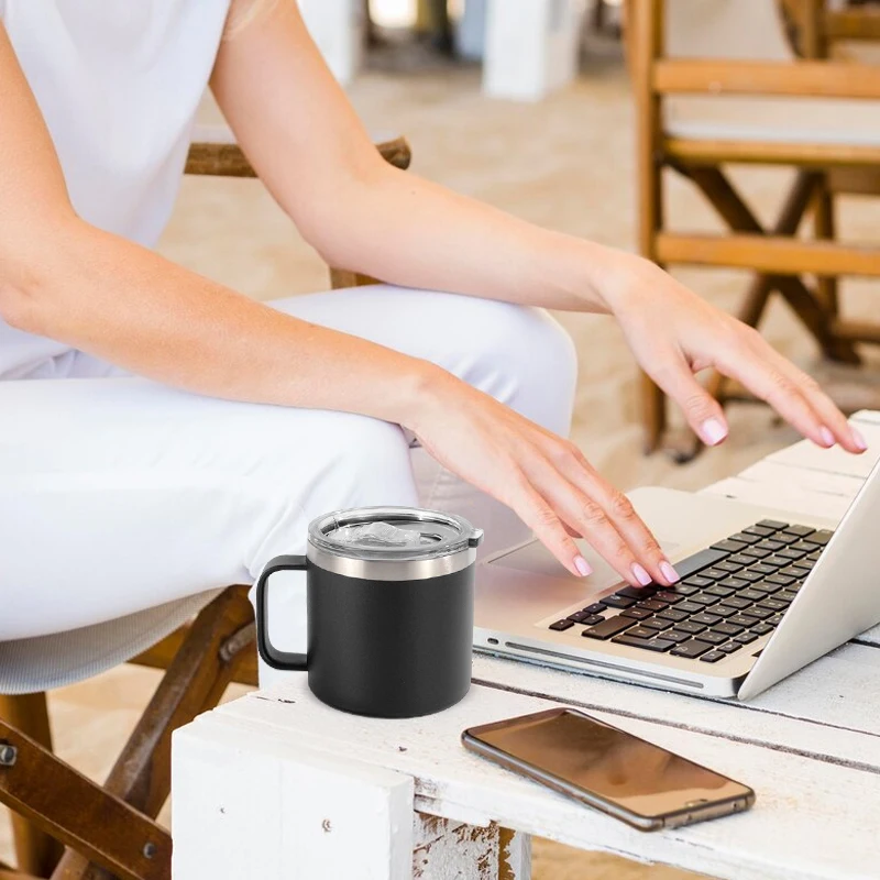 Wholesale 14oz custom insulated powder coated stainless steel camper camping tumbler travel coffee mug with handle lid