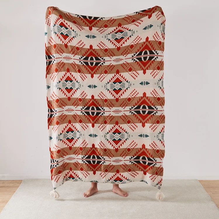 F-1377 outdoor bohemian geometric jacquard woven throw blanket custom logo moving blankets knit turkey blankets with tassel