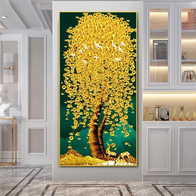 Modern Home Decor Cuadros Golden Money Tree Landscape Poster Picture Print abstract money tree painting canvas
