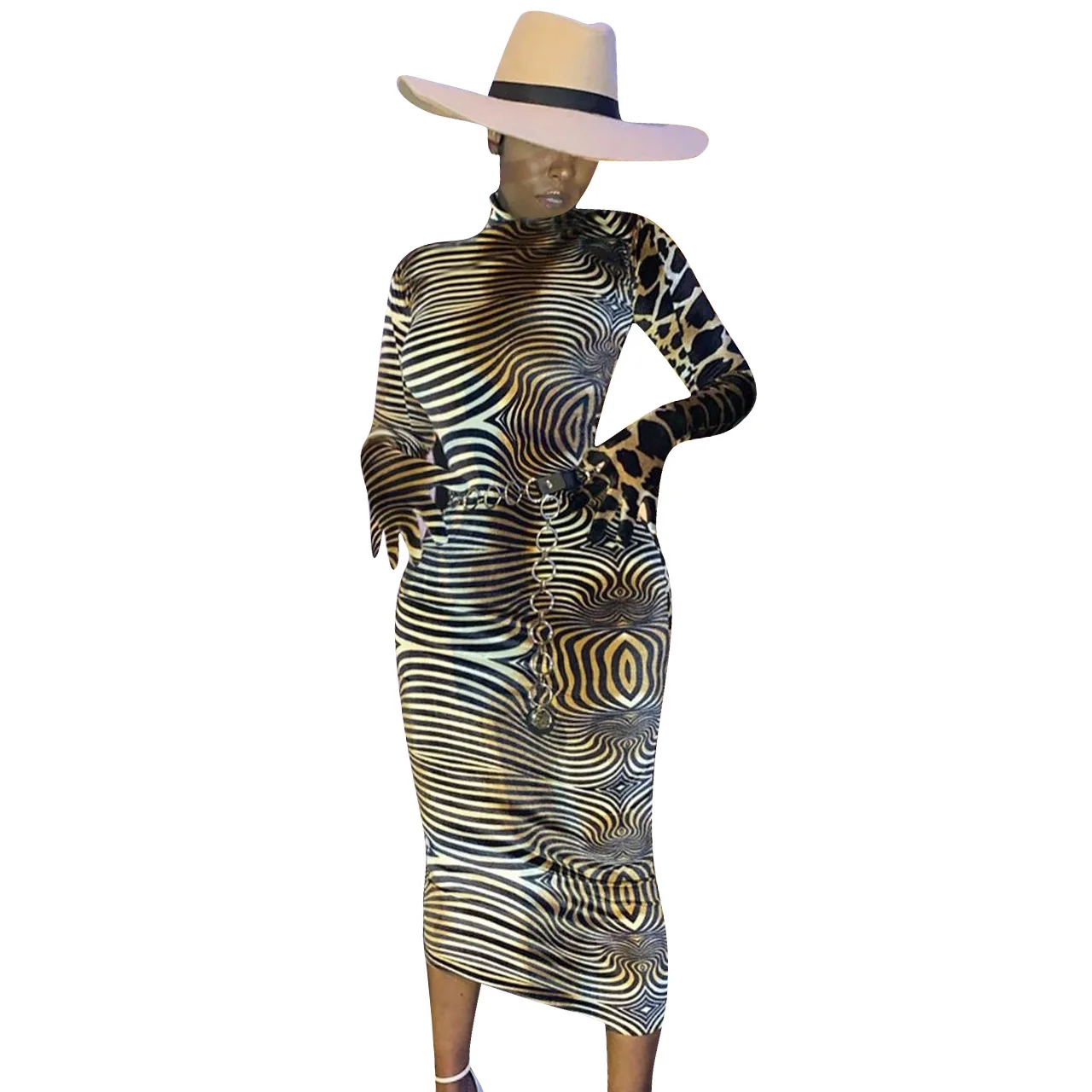 Zakiyyah NK048 leopard zebra print double print mid length dresses long sleeve sexy bodycon skirt club dress