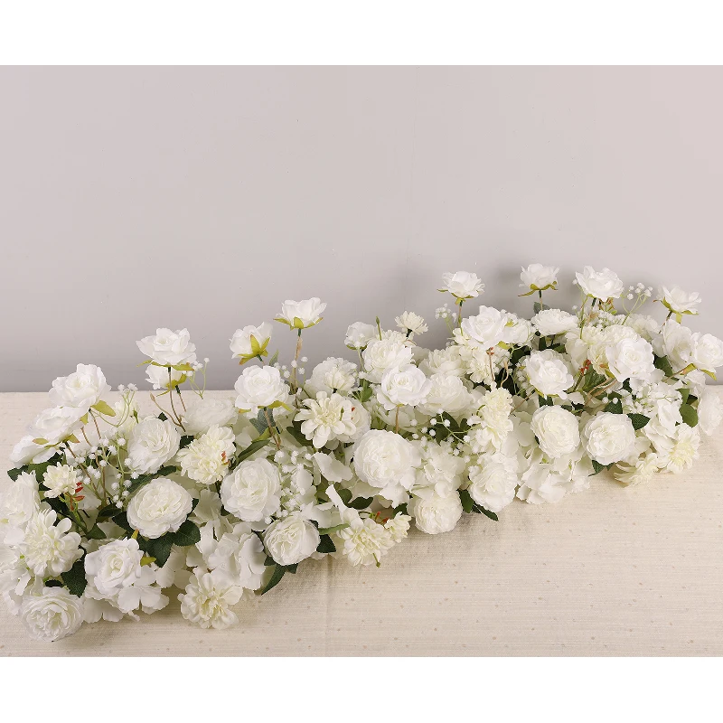 Artificial  White Wedding Rose Circle Round Curve Arrangement Flower Table Runner Centerpiece Decoration Flowers Row Stage