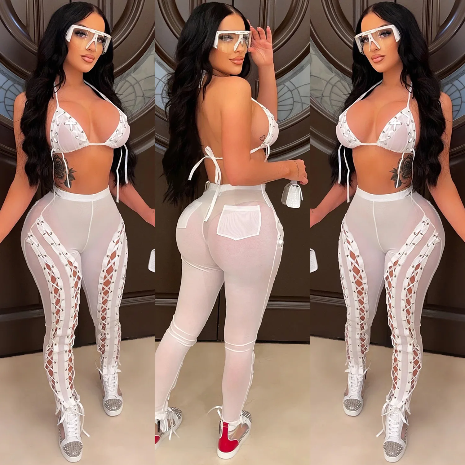 2022 Women Sexy Summer 2 Piece Pant Set Clothing Outfits Jogging Sets Casual Mesh Jumpsuits Two Piece Pant Set Outfits