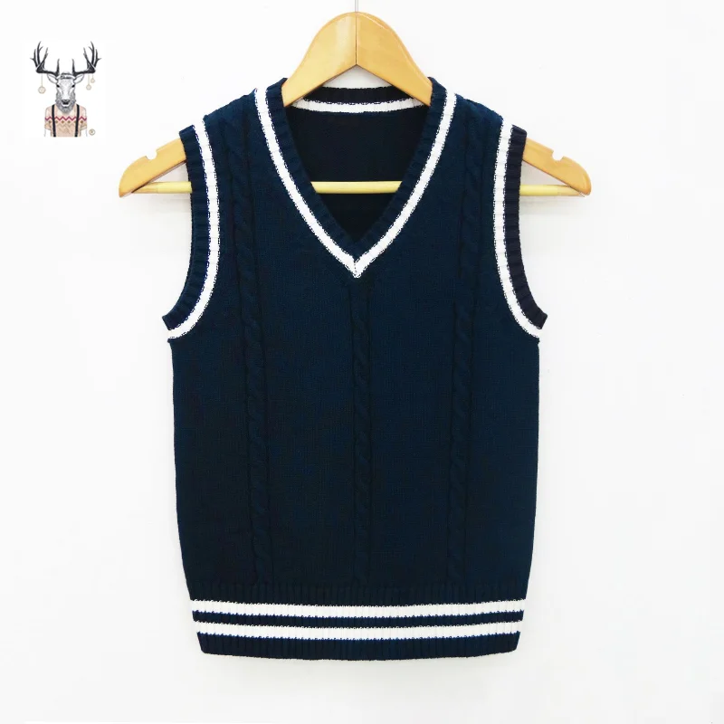 Nanteng Custom Manufacturer 100% Cotton Preppy Chic V-Neck Solid Color New School Uniform Knitwear Men Pullover Vest Sweater