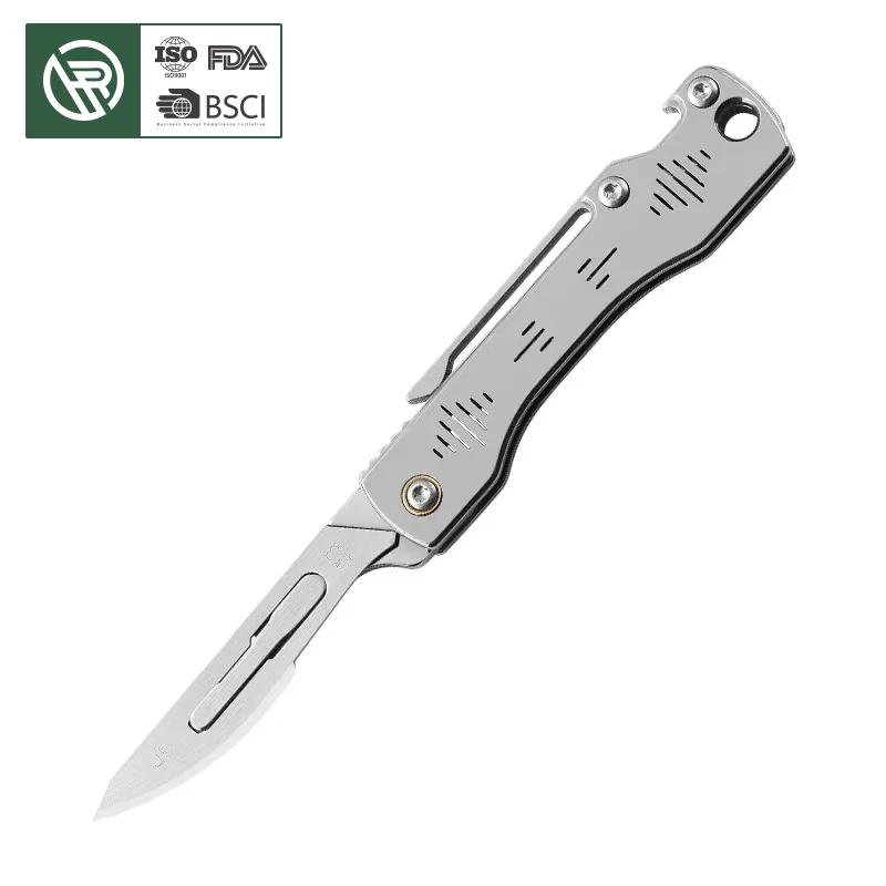 Free Sample Replaceable Utility Blade Folding All Stainless Steel Handle Ultra Sharp Carbon Steel Blades Exchange Pocket Knife