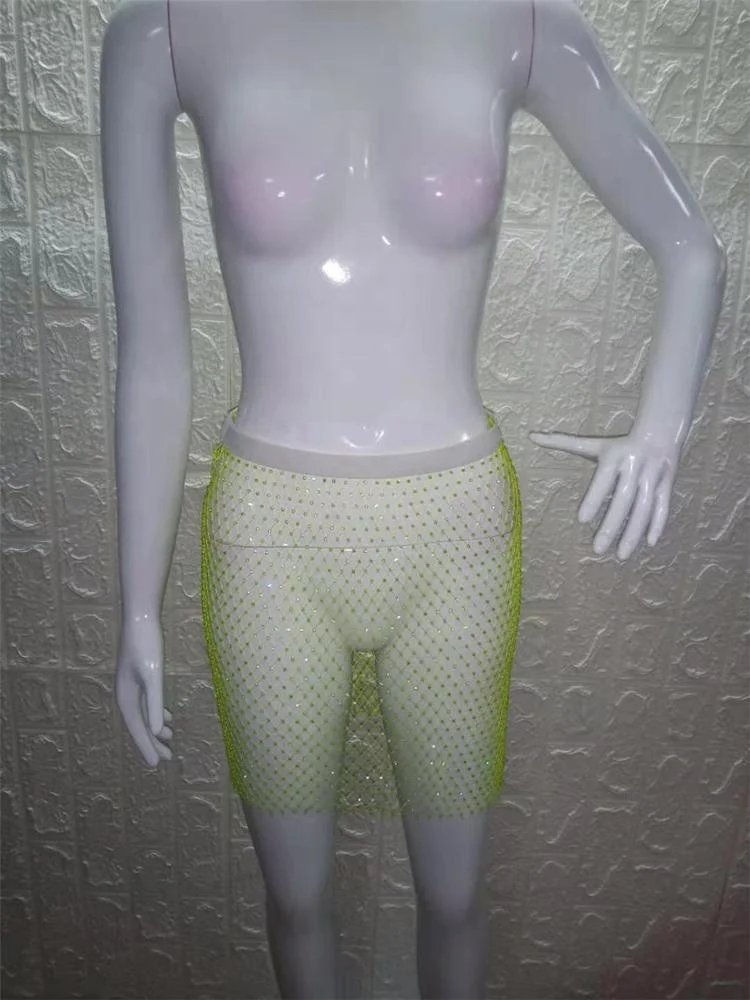 SH1121 Fashion Women Sexy Bodycon Hollow Out Knitting Fishnet Skirt Rhinestone Mesh Midi Skirt