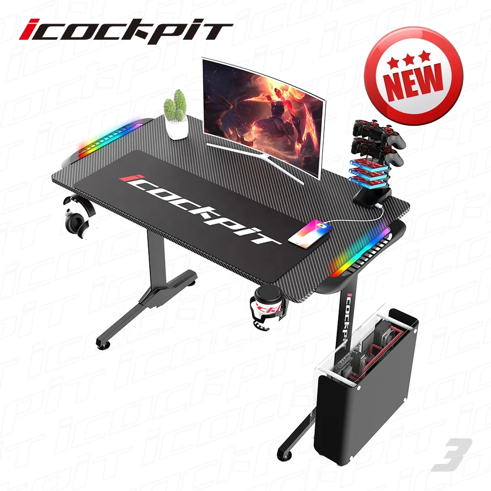 
icockpit Hot Sale Modern Black Carbon Fiber Panel Gamer Desk Custom Gaming Desk Cheap Gaming Table with Multi Colors RGB Lights 