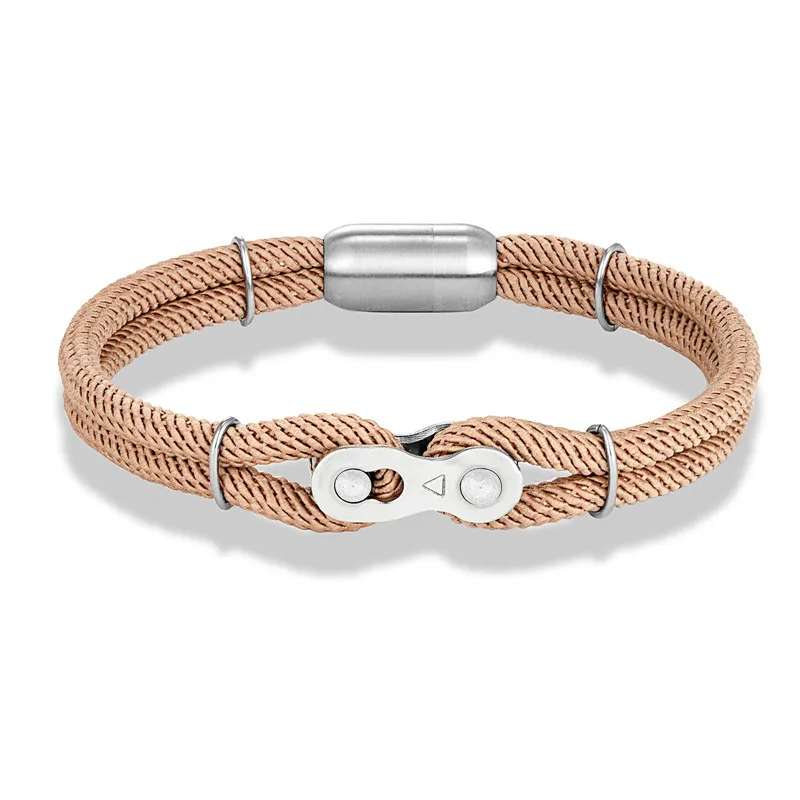 Punk Rock Double Layer Milan Nylon Nautical Rope Stainless Steel Magnetic Clasp Bike Chain Link Rope Bracelet Unisex Jewelry
