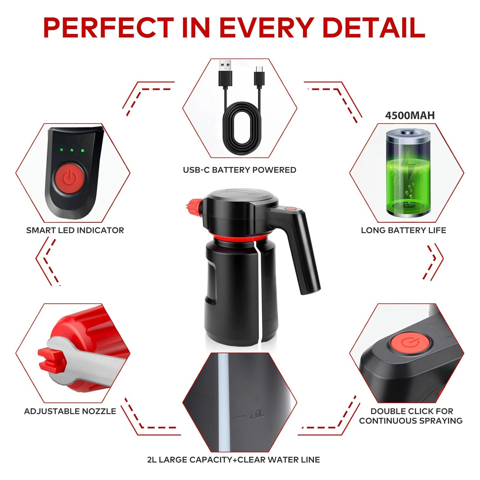 2L Car Wash Sprayer Electric Foam Cannon USB Rechargeable Battery Foamer Sprayer Rich Foam Cordless Portable Pump Sprayer Black