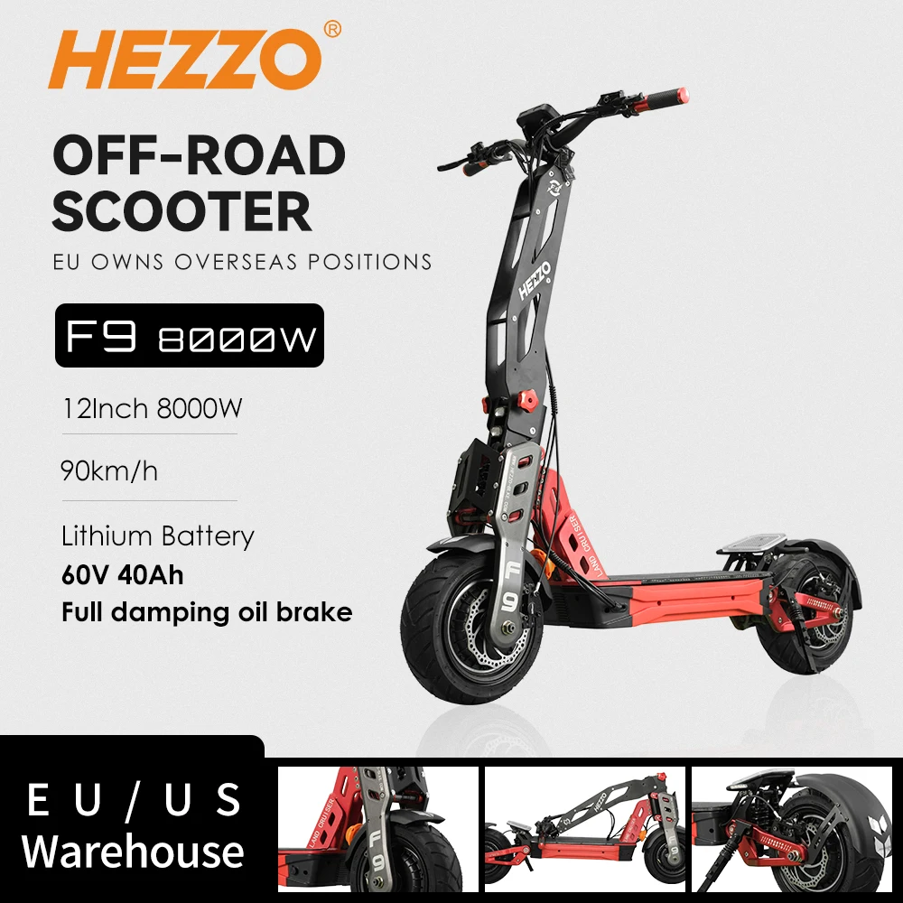 HEZZO EU US Stock Electric Scooter 60V 8000W Dual Motors 40h LG 90Km/h Foldable 12Inch Road TIRE Two wheels Escooter