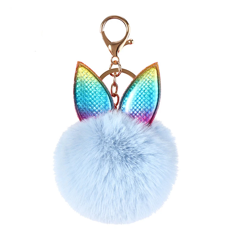 Fancy Fluffy Faux Fur Pompom Rabbit Ear Key Chain Faux Rabbit Fur Keychain