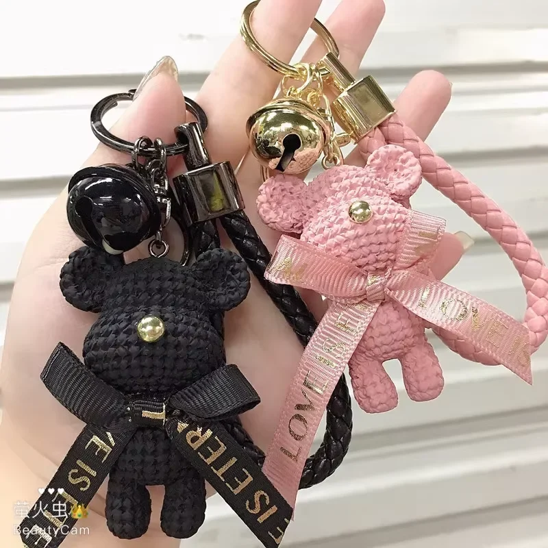 Wholesale Cute Bear Key Chain Resin Bow Bell Rabbit Keychain Car Key Ring For Girls Gift Weaving Fashion Doll Bag Keychain
