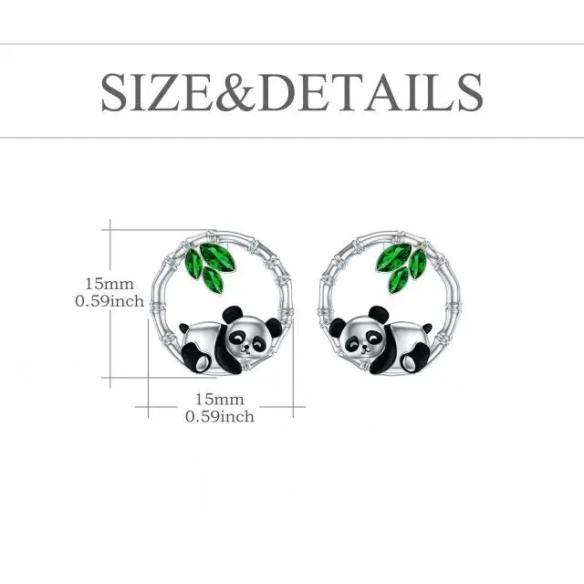 Animals  Panda Bamboo With Zircon 925 Sterling Silver Hoop Stud Earrings For Women