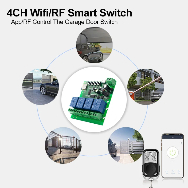 Smart Ewelink 4-канальный приемник Wi-Fi переключатель 12 В 24 релейный модуль работает с приложением и радиочастотным пультом дистанционного управления