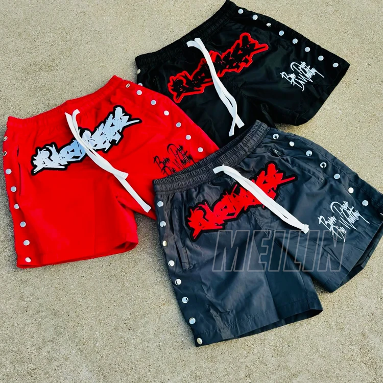 Embroidery Patch Custom logo High Quality Lightweight 100% Polyester Nylon Shorts Side Buttons Gym Nylon Sports Men