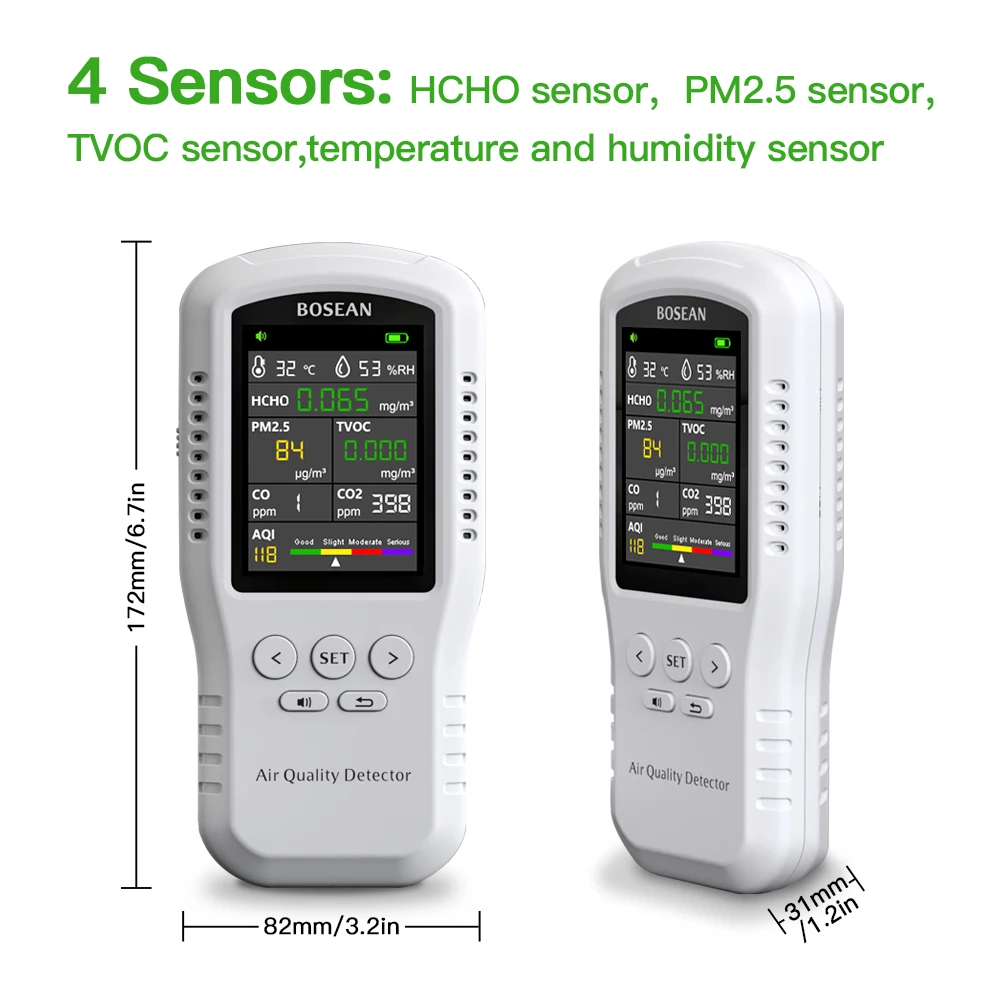 Bosean Newest Portable carbon dioxide Detector Temperature Wireless Humidity Air Quality Desktop Indoor co2 meter monitor